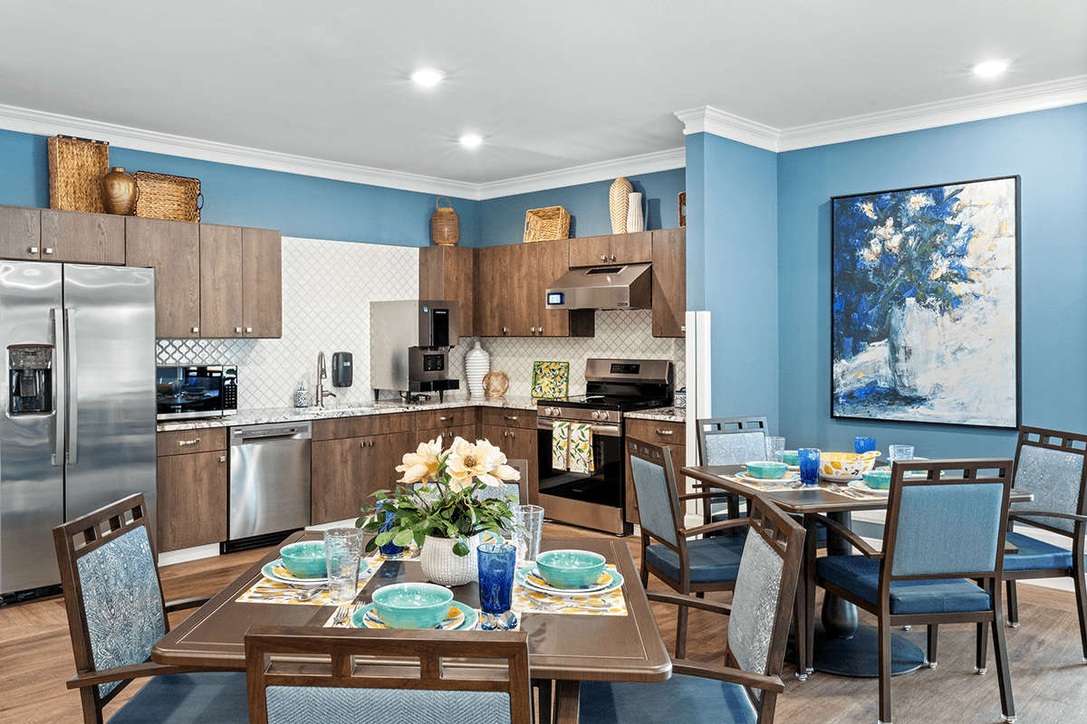 Open kitchen space with dining tables